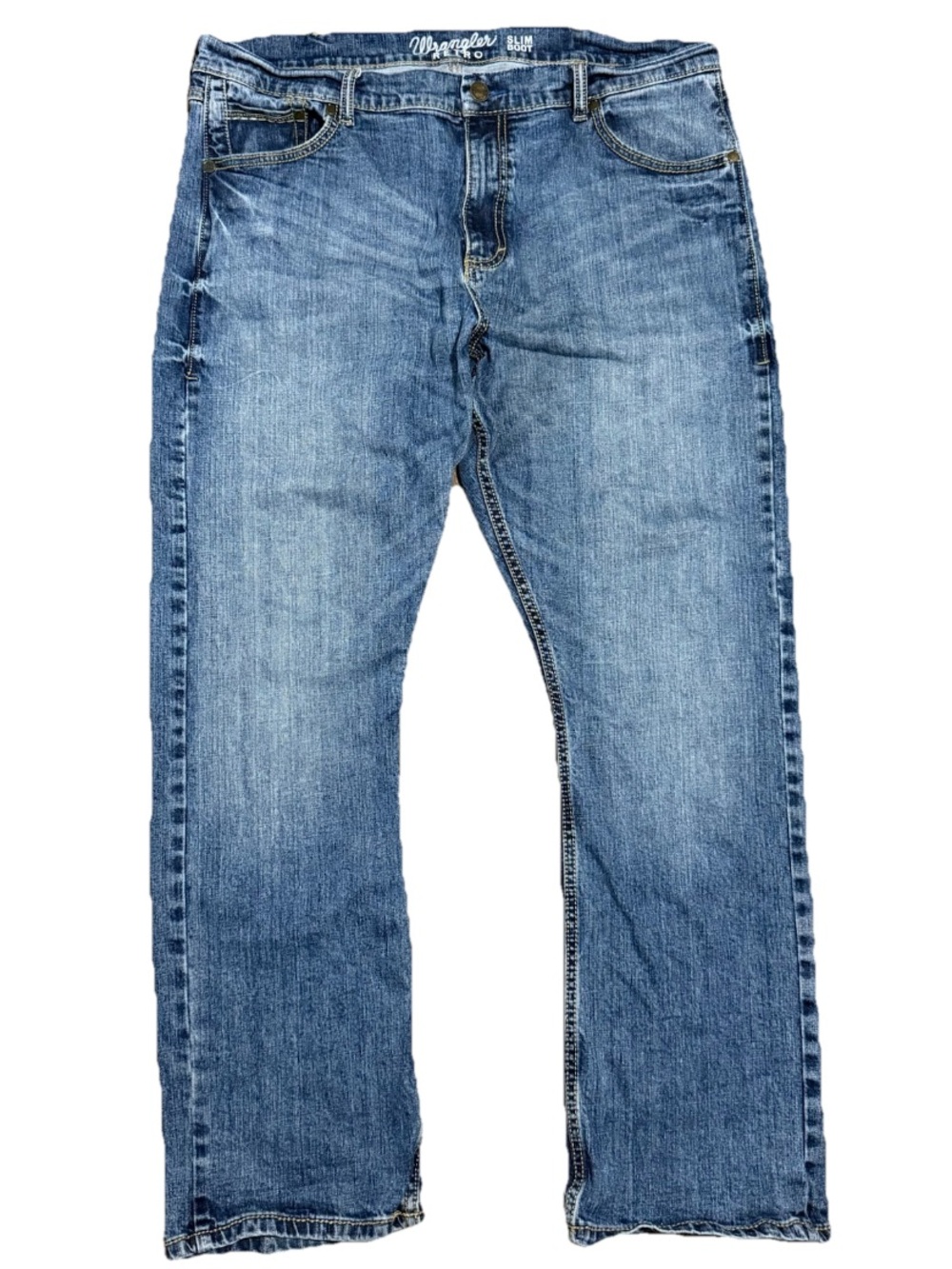 Wrangler Retro Slim Boot Jeans Mens 38 x 32 Light Wash Stretch Denim Whiskered